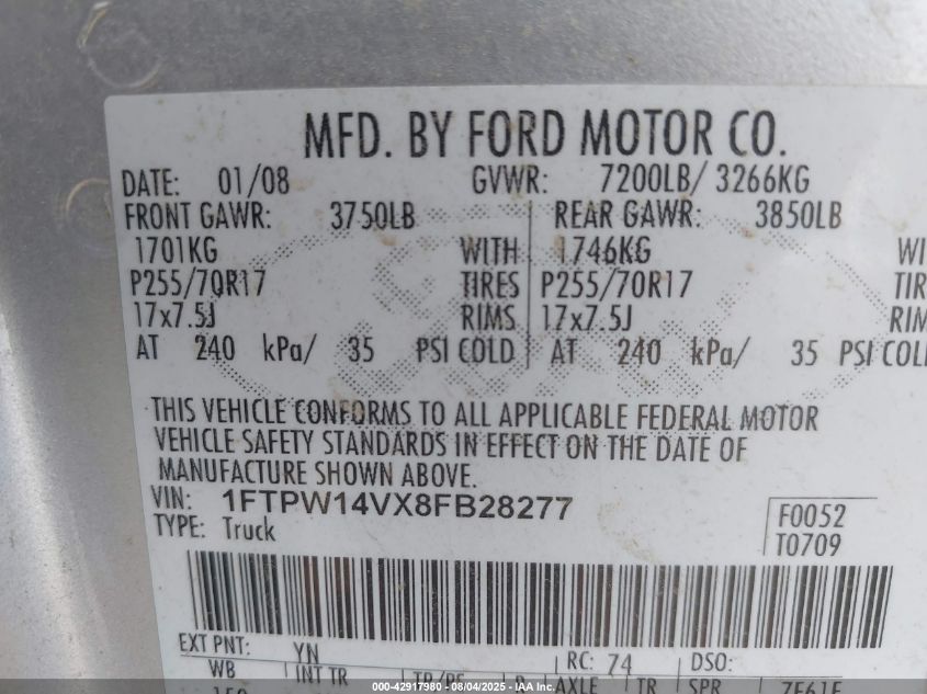 2008 Ford F-150 60Th Anniversary/Fx4/King Ranch/Lariat/Xlt VIN: 1FTPW14VX8FB28277 Lot: 42917980