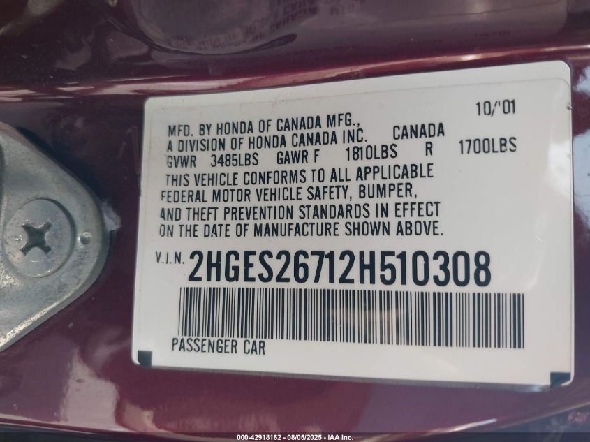 2002 Honda Civic Ex VIN: 2HGES26712H510308 Lot: 42918162