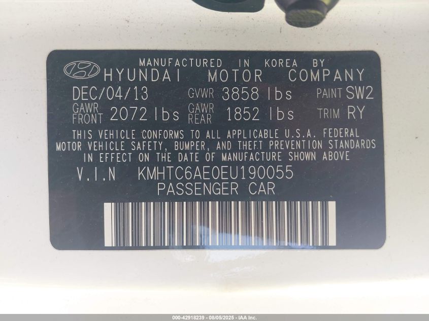 2014 Hyundai Veloster Turbo W/Blue VIN: KMHTC6AE0EU190055 Lot: 42918239