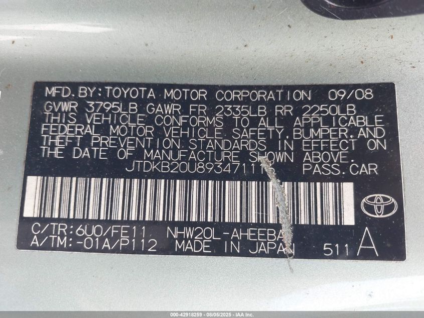 2009 Toyota Prius VIN: JTDKB20U893471116 Lot: 42918259