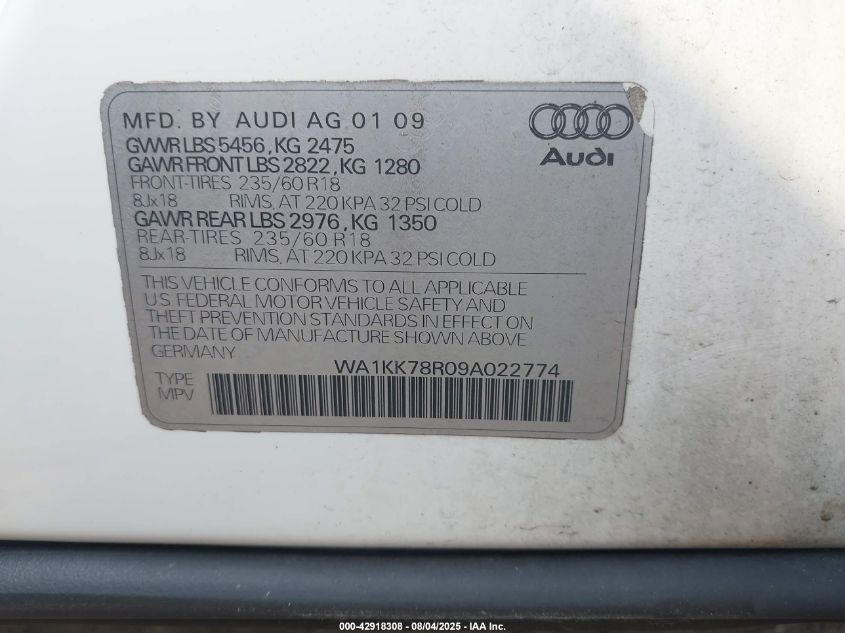 2009 Audi Q5 3.2 Premium VIN: WA1KK78R09A022774 Lot: 42918308