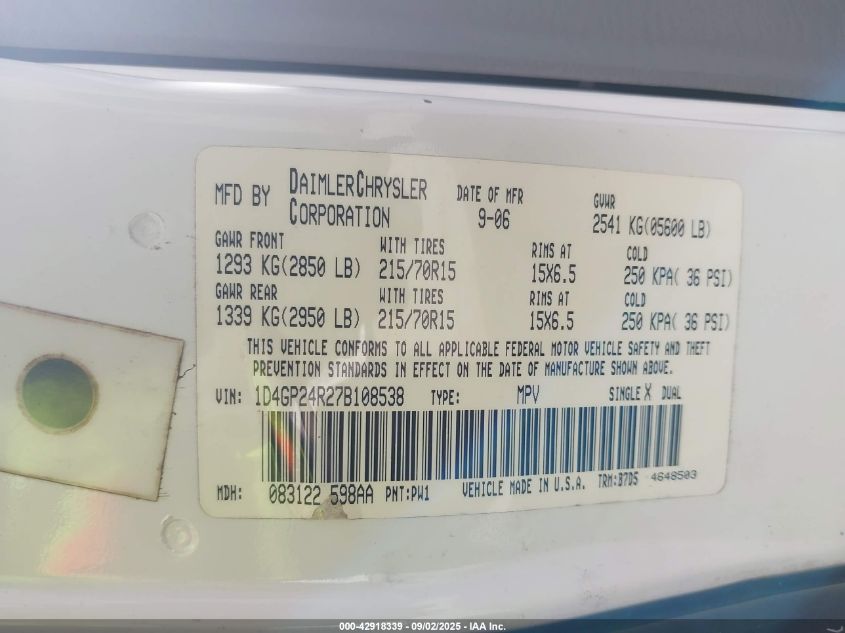 2007 Dodge Grand Caravan Se VIN: 1D4GP24R27B108538 Lot: 42918339