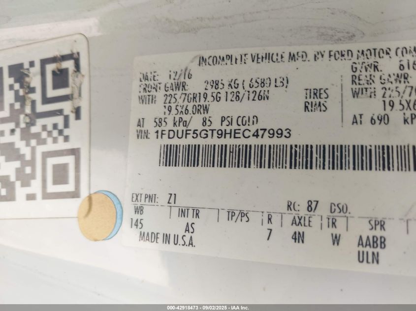 2017 Ford F-550 Chassis Xl VIN: 1FDUF5GT9HEC47993 Lot: 42918473