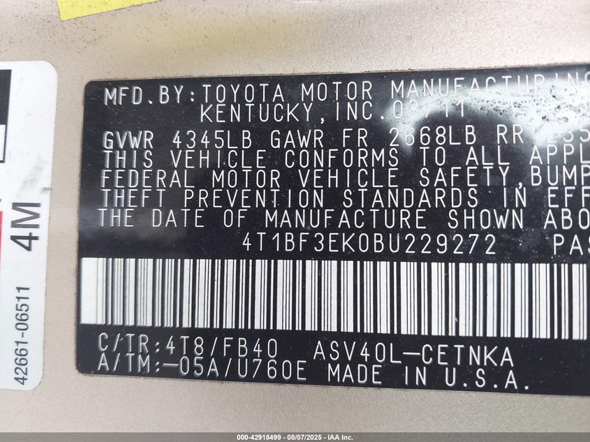 2011 Toyota Camry Le VIN: 4T1BF3EK0BU229272 Lot: 42918499