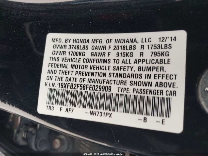 2015 Honda Civic Lx VIN: 19XFB2F56FE029909 Lot: 42918529