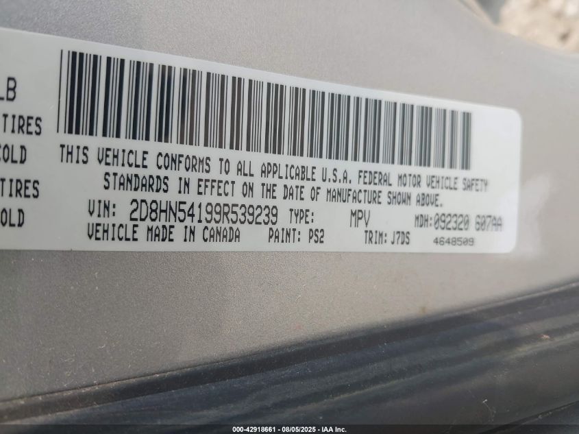 2009 Dodge Grand Caravan Sxt VIN: 2D8HN54199R539239 Lot: 42918661