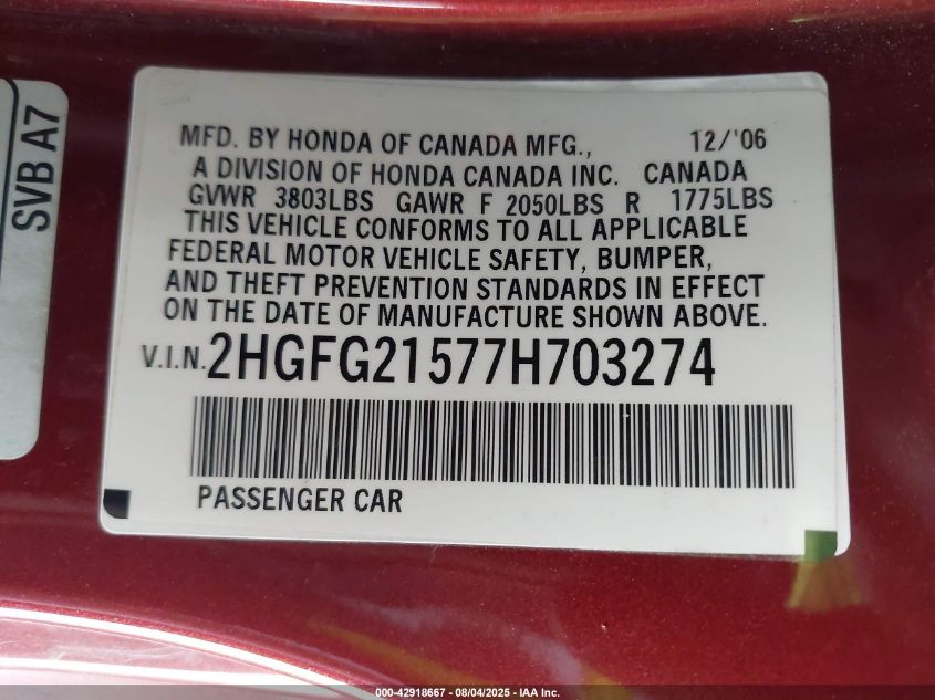 2007 Honda Civic Si VIN: 2HGFG21577H703274 Lot: 42918667