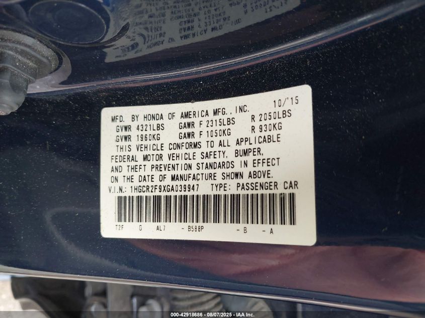 2016 Honda Accord Ex-L VIN: 1HGCR2F9XGA039947 Lot: 42918686