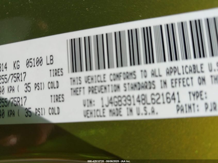 2008 Jeep Wrangler Unlimited X VIN: 1J4GB39148L621641 Lot: 42918728