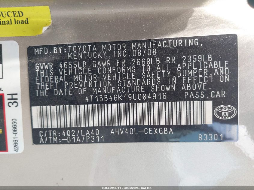 2009 Toyota Camry Hybrid VIN: 4T1BB46K19U084916 Lot: 42918741