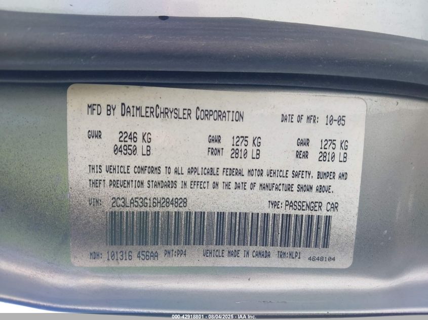 2006 Chrysler 300 Touring VIN: 2C3LA53G16H284828 Lot: 42918801