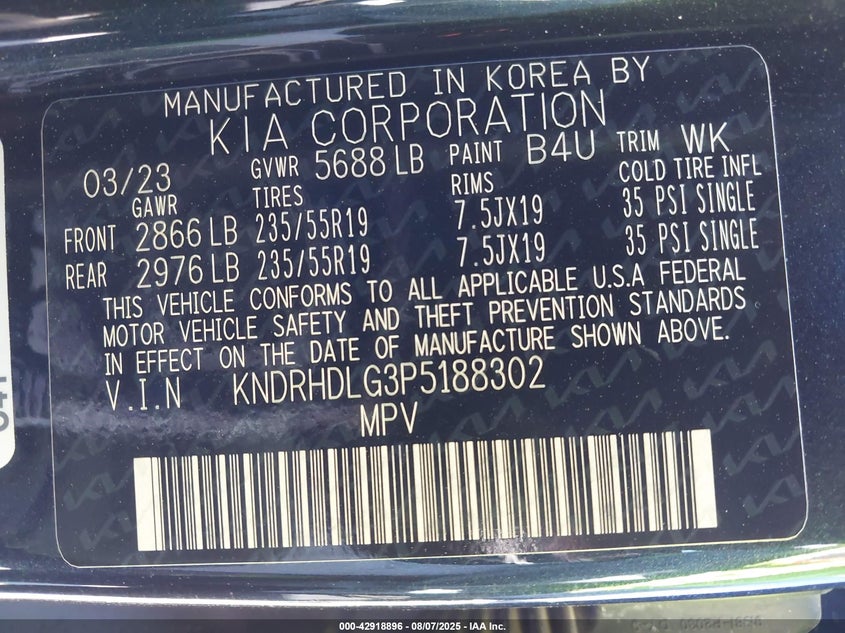 2023 Kia Sorento Hybrid Ex VIN: KNDRHDLG3P5188302 Lot: 42918896