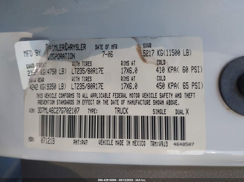 2007 Dodge Ram 3500 Slt/Sport VIN: 3D7ML46C27G702107 Lot: 42918898
