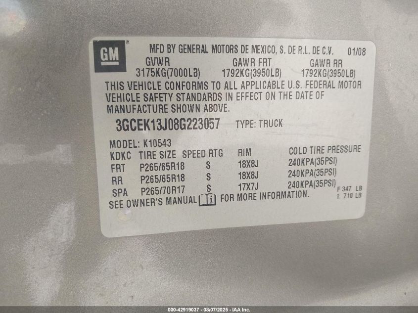 2008 Chevrolet Silverado 1500 Ltz VIN: 3GCEK13J08G223057 Lot: 42919037