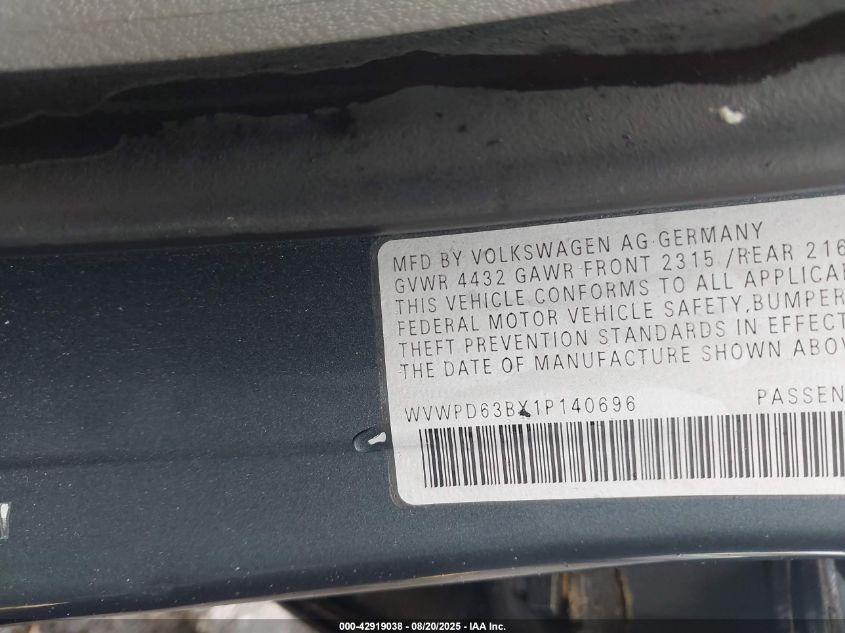 2001 Volkswagen Passat Gls VIN: WVWPD63BX1P140696 Lot: 42919038