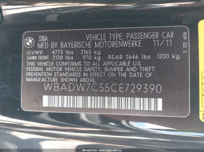 2012 BMW 328I VIN: WBADW7C55CE729390 Lot: 42919107