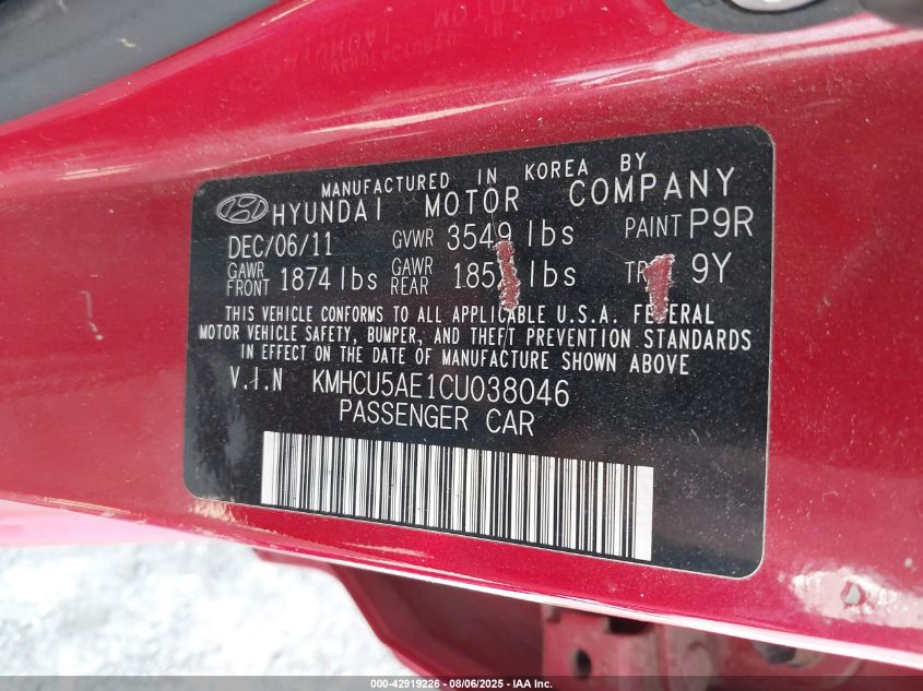2012 Hyundai Accent Se VIN: KMHCU5AE1CU038046 Lot: 42919226