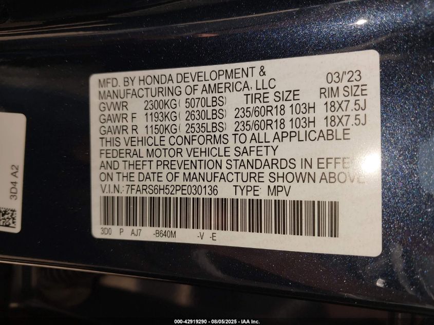 2023 Honda Cr-V Hybrid Sport VIN: 7FARS6H52PE030136 Lot: 42919290