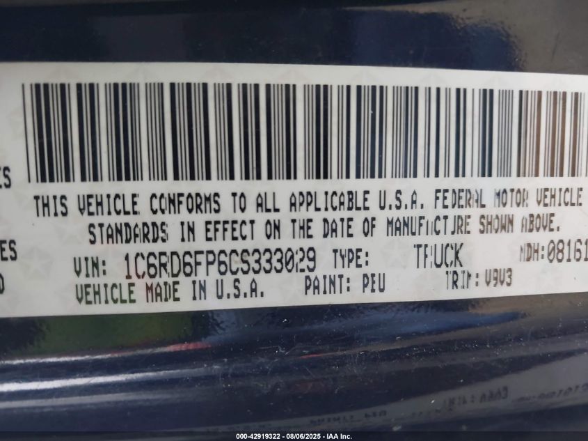 2012 Ram 1500 St VIN: 1C6RD6FP6CS333029 Lot: 42919322