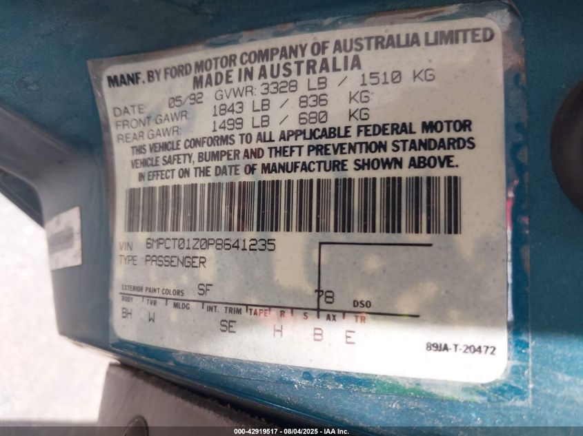 1993 Mercury Capri VIN: 6MPCT01Z0P8641235 Lot: 42919517