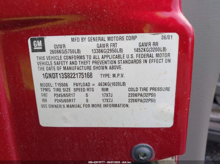 2002 Chevrolet Trailblazer VIN: 1GNDT13S822175168 Lot: 42919777