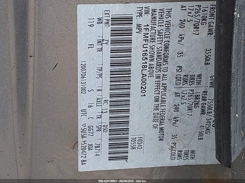 2008 Ford Expedition Xlt VIN: 1FMFU16518LA00201 Lot: 42919903