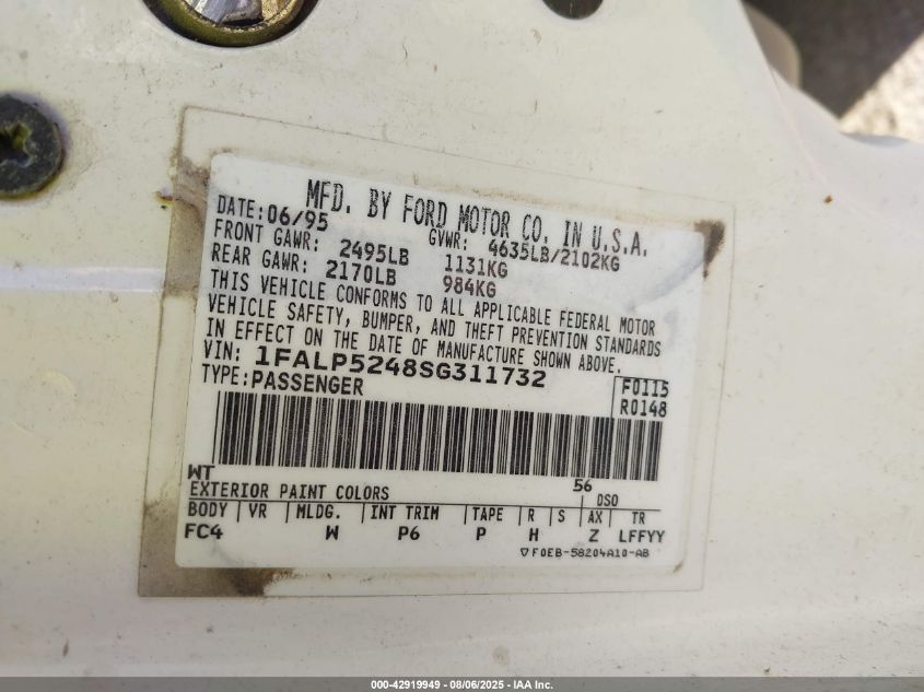 1995 Ford Taurus Gl/Se VIN: 1FALP52U5SG131821 Lot: 42919949