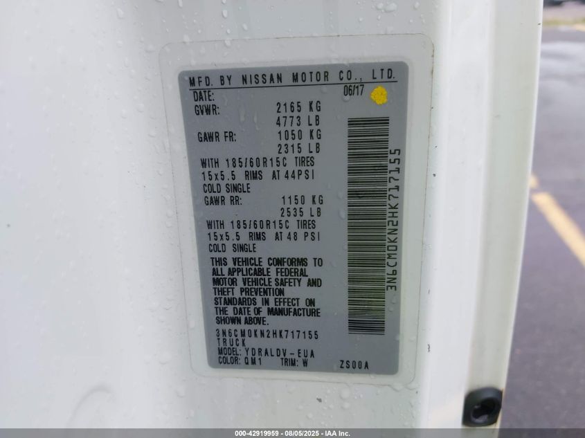 2017 Nissan Nv200 S VIN: 3N6CM0KN2HK717155 Lot: 42919959