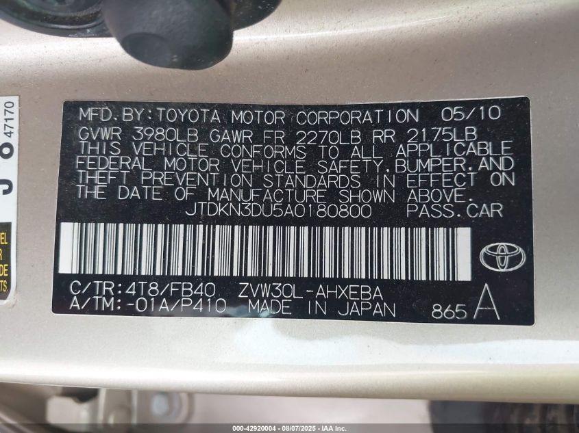 2010 Toyota Prius Ii VIN: JTDKN3DU5A0180800 Lot: 42920004
