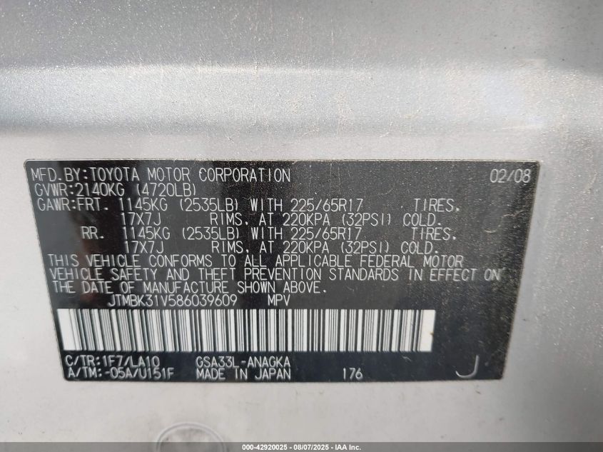 2008 Toyota Rav4 Limited V6 VIN: JTMBK31V586039609 Lot: 42920025