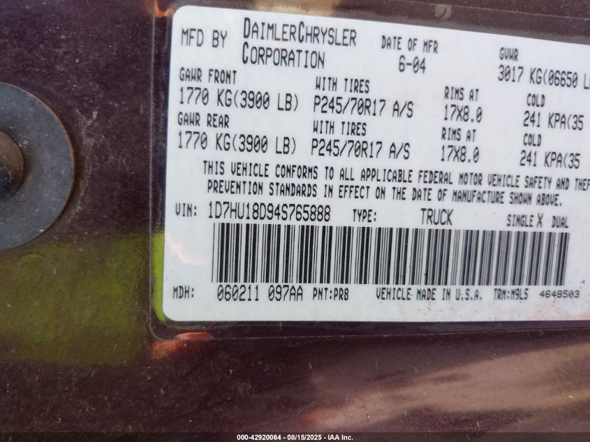 2004 Dodge Ram 1500 Slt/Laramie VIN: 1D7HU18D94S765888 Lot: 42920064