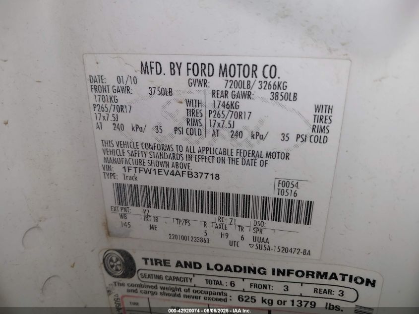 2010 Ford F-150 Fx4/Harley-Davidson/King Ranch/Lariat/Platinum/Xl/Xlt VIN: 1FTFW1EV4AFB37718 Lot: 42920074