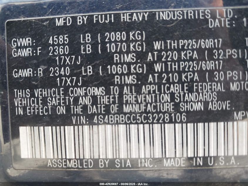 2012 Subaru Outback 2.5I Premium VIN: 4S4BRBCC5C3228106 Lot: 42920087