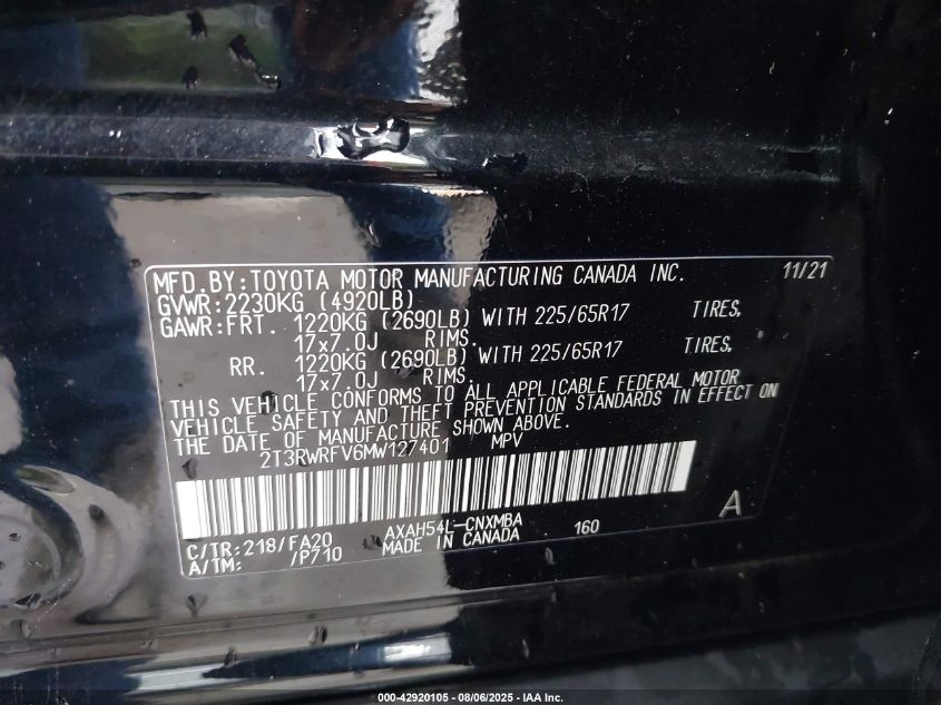 2021 Toyota Rav4 Hybrid Xle VIN: 2T3RWRFV6MW127401 Lot: 42920105