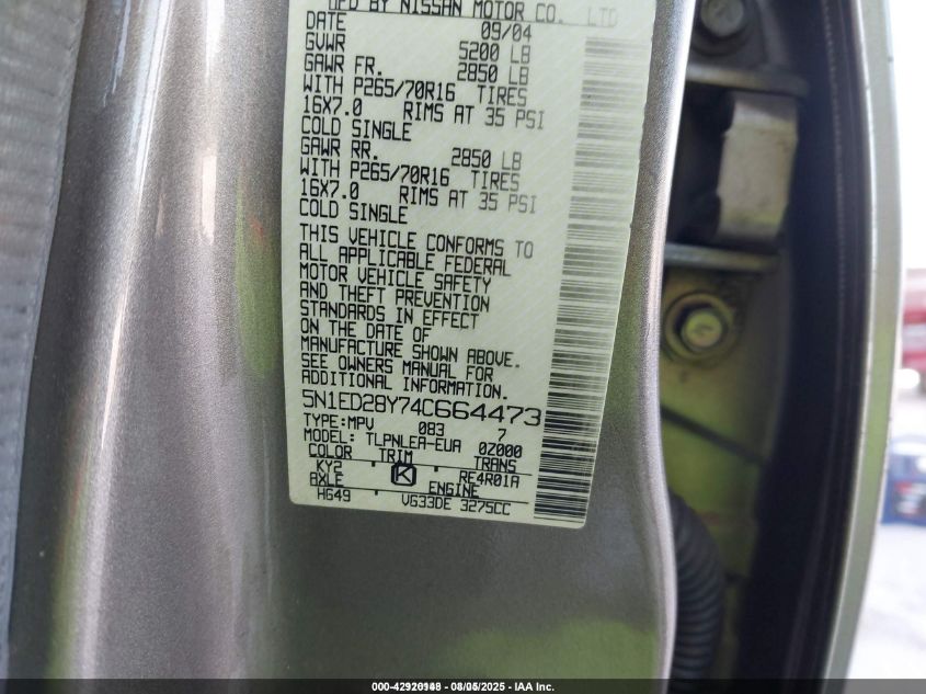 2004 Nissan Xterra Xe VIN: 5N1ED28Y74C664473 Lot: 42920148