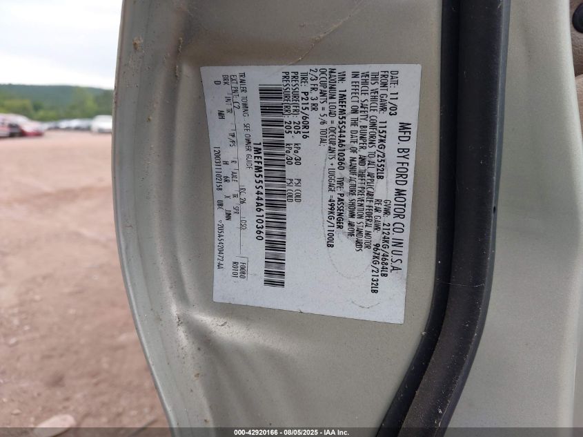 2004 Mercury Sable Ls Premium VIN: 1MEFM55S44A610360 Lot: 42920166