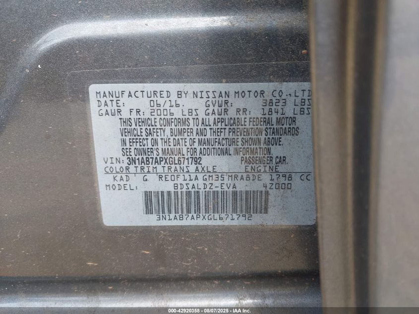 2016 Nissan Sentra Sv VIN: 3N1AB7APXGL671792 Lot: 42920358