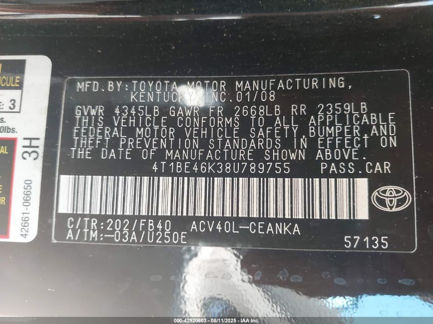 2008 Toyota Camry Le VIN: 4T1BE46K38U789755 Lot: 42920603