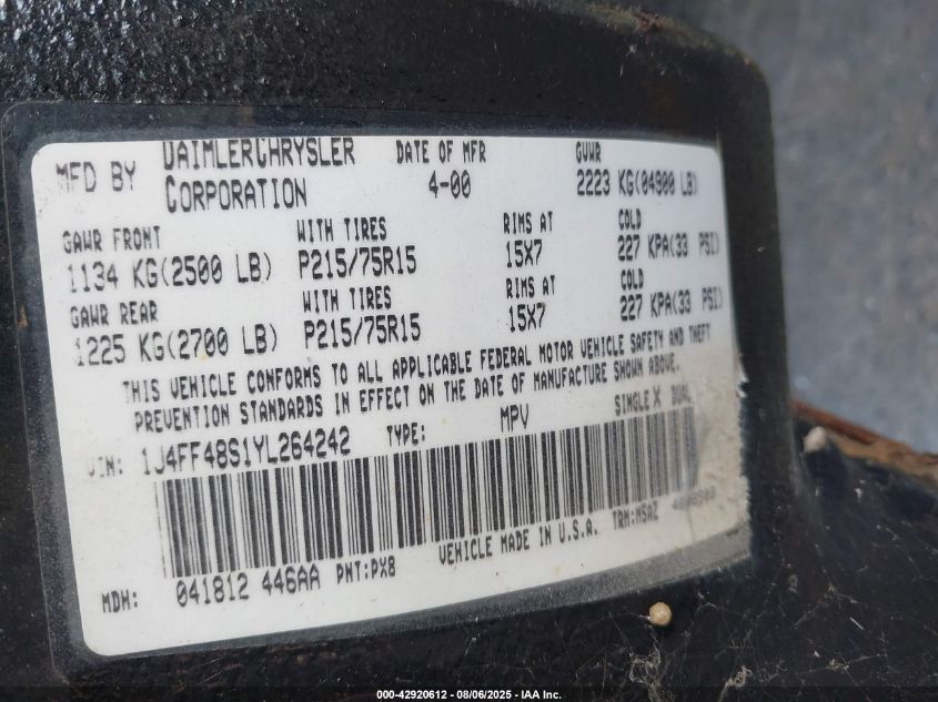 2000 Jeep Cherokee Sport VIN: 1J4FF48S1YL264242 Lot: 42920612