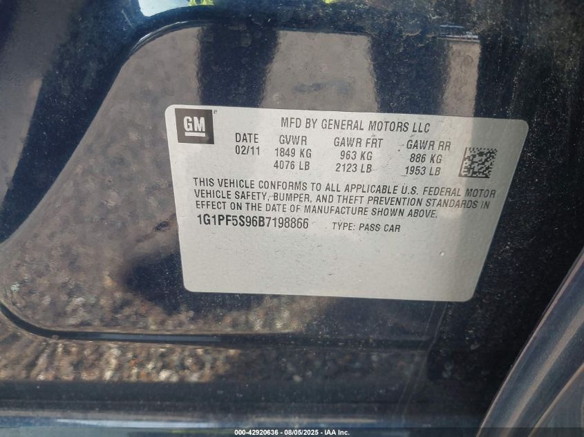 2011 Chevrolet Cruze 1Lt VIN: 1G1PF5S96B7198866 Lot: 42920636