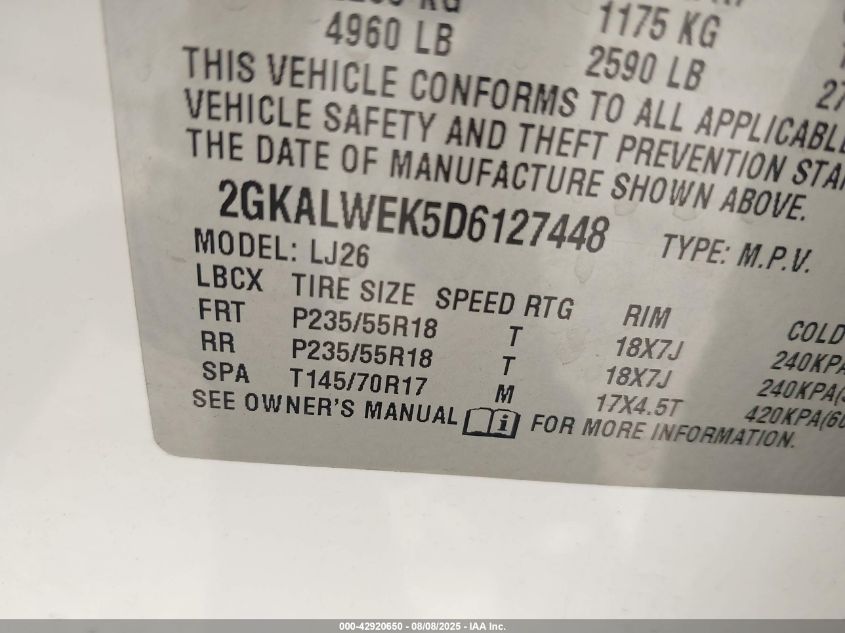 2013 GMC Terrain Slt-2 VIN: 2GKALWEK5D6127448 Lot: 42920650