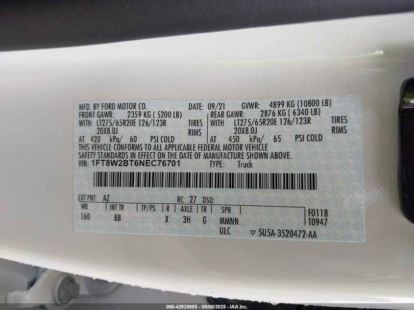 2022 Ford F-250 Platinum VIN: 1FT8W2BT6NEC76701 Lot: 42920685