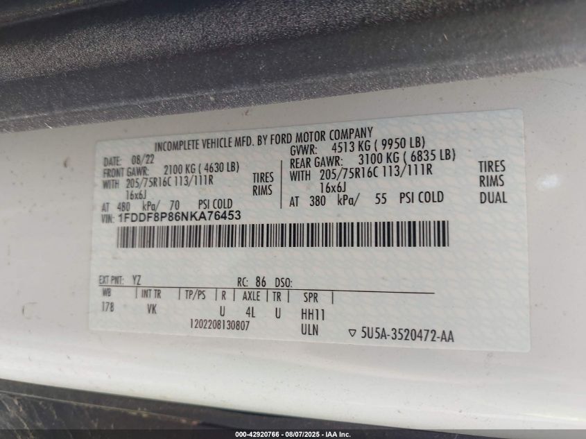 2022 Ford Transit-350 Cutaway VIN: 1FDDF8P86NKA76453 Lot: 42920766