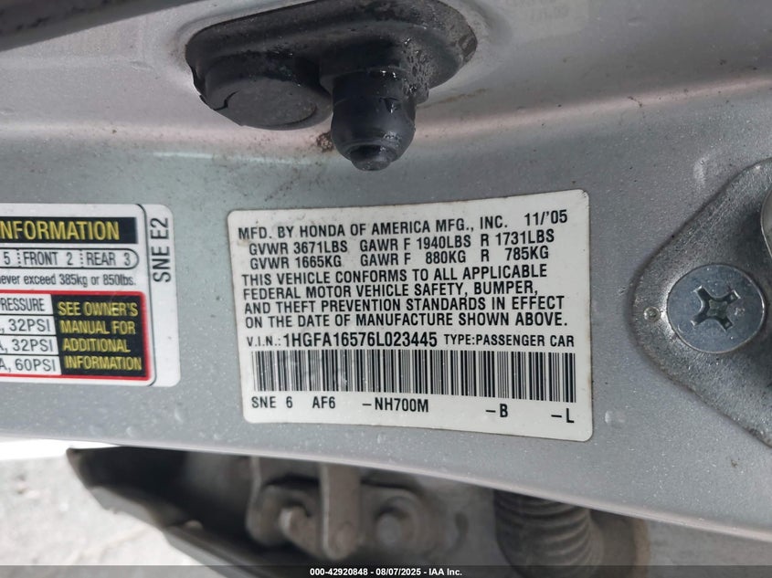 2006 Honda Civic Lx VIN: 1HGFA16576L023445 Lot: 42920848