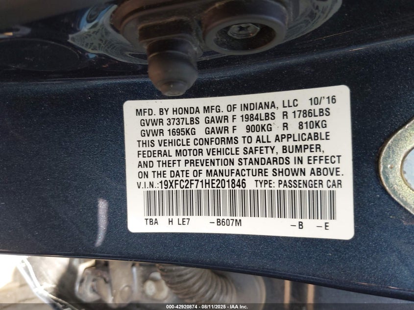 2017 Honda Civic 2.0 Ex Blue Lot 111042920874 Vin 19XFC2F71HE201846