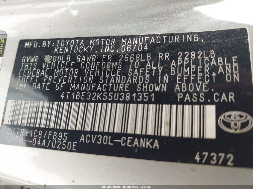 2005 Toyota Camry Std VIN: 4T1BE32K55U381351 Lot: 42920960