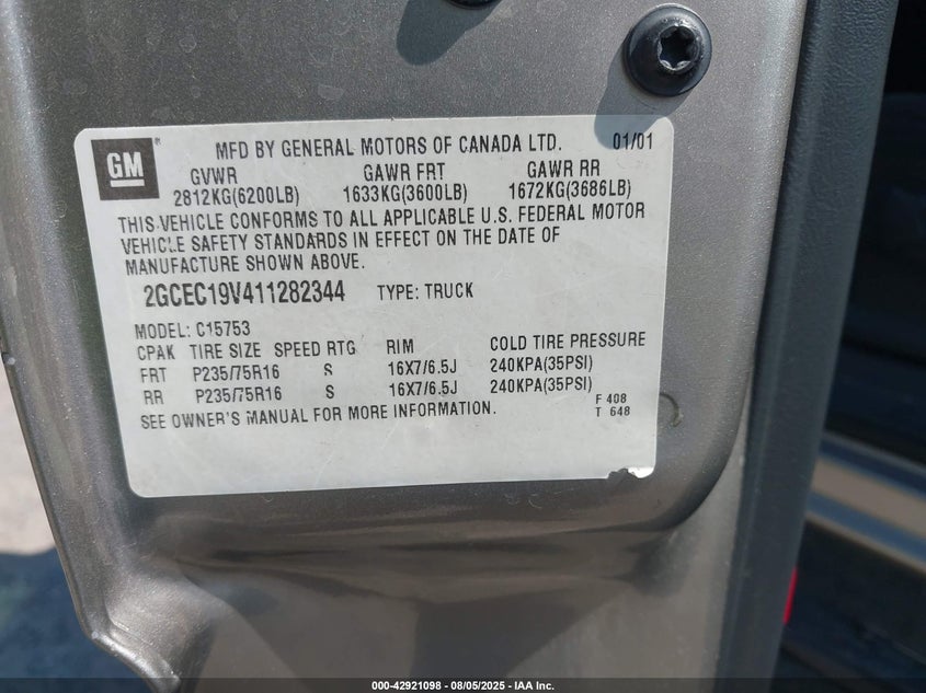 2001 Chevrolet Silverado 1500 Ls VIN: 2GCEC19V41128234 Lot: 42921098