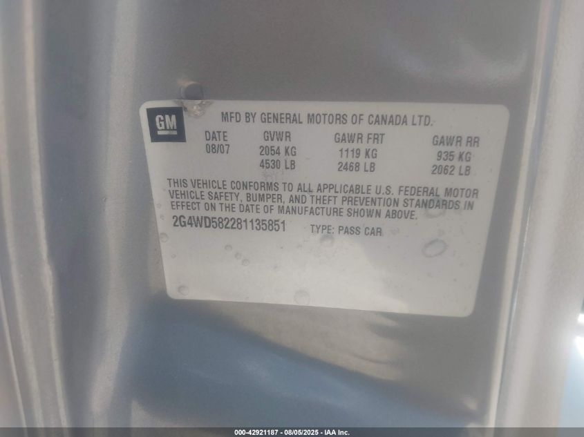 2008 Buick Lacrosse Cxl VIN: 2G4WD582281135851 Lot: 42921187