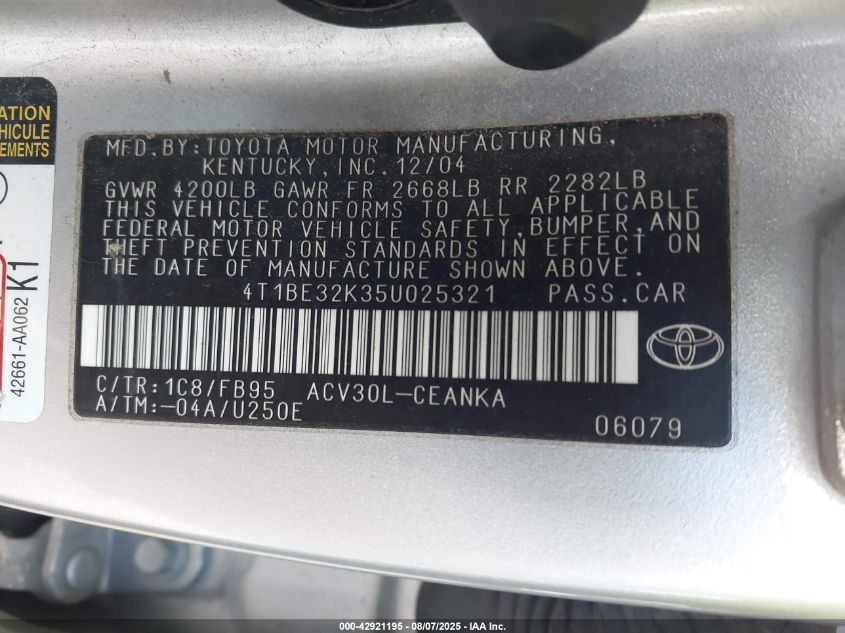 2005 Toyota Camry Le VIN: 4T1BE32K35U025321 Lot: 42921195