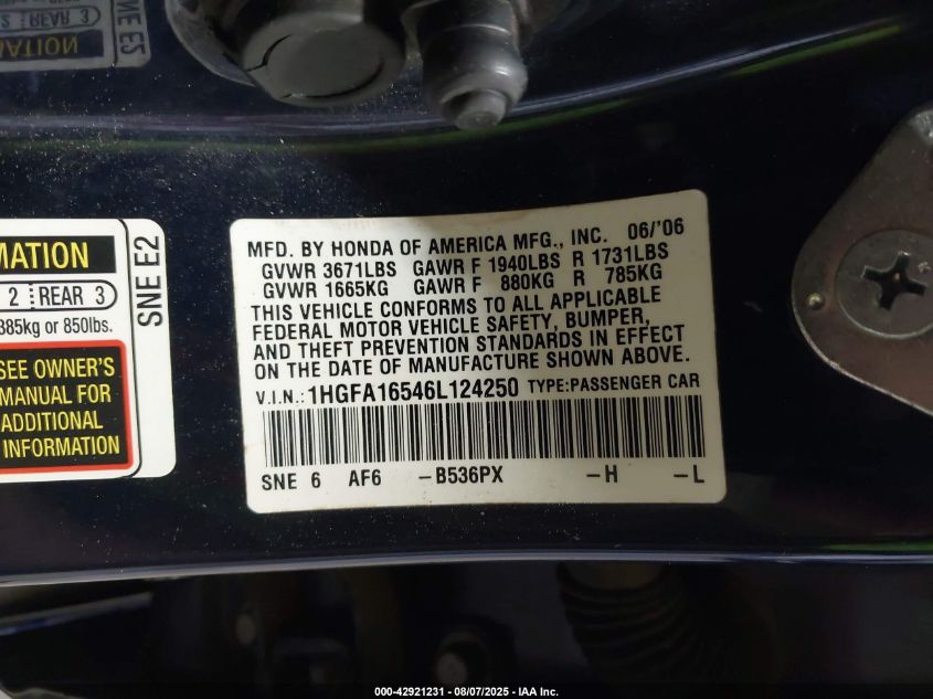 2006 Honda Civic Lx VIN: 1HGFA16546L124250 Lot: 42921231